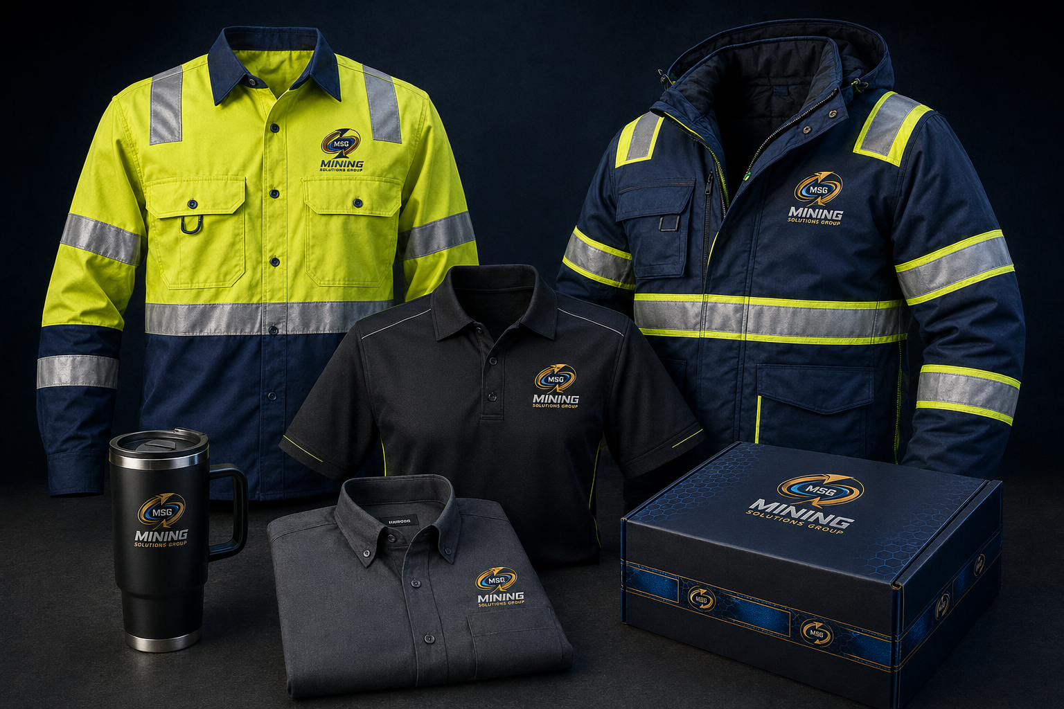 MSG branded hi-vis shirt, winter jacket, polo and corporate shirts with mug and gift box
