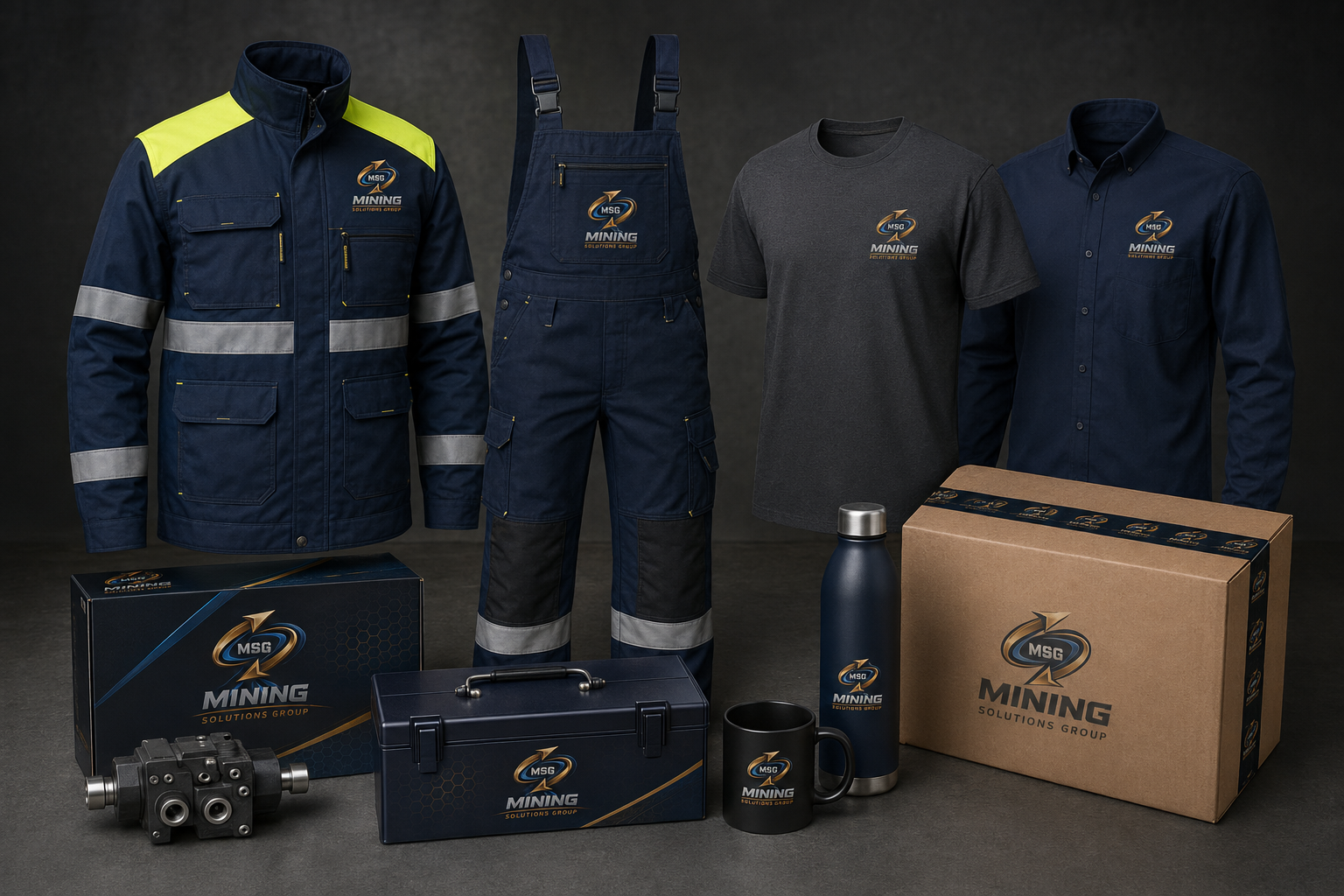 MSG Open-Pit Safety Crew — hard hats, hi-vis vests, coveralls, gloves, eyewear and gear bag