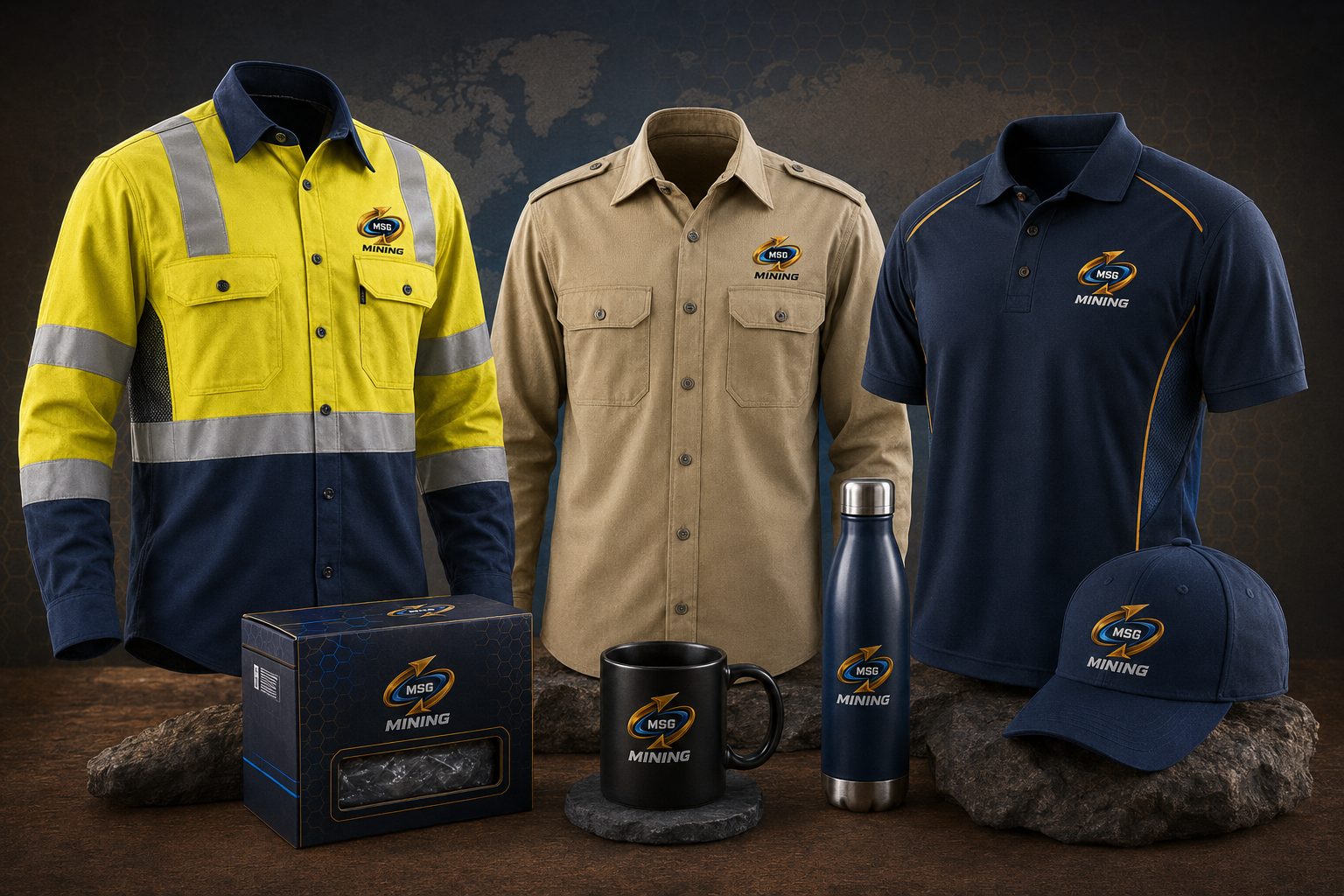 MSG branded workwear — hi-vis jacket, bib overalls, t-shirt, shirt, toolbox, mug and packaging