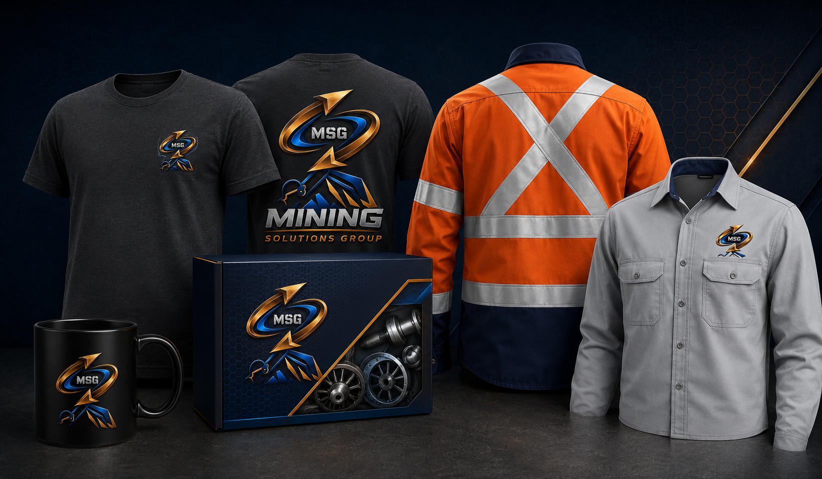 MSG branded hi-vis shirt, khaki bush shirt, navy polo, mug, water bottle and cap