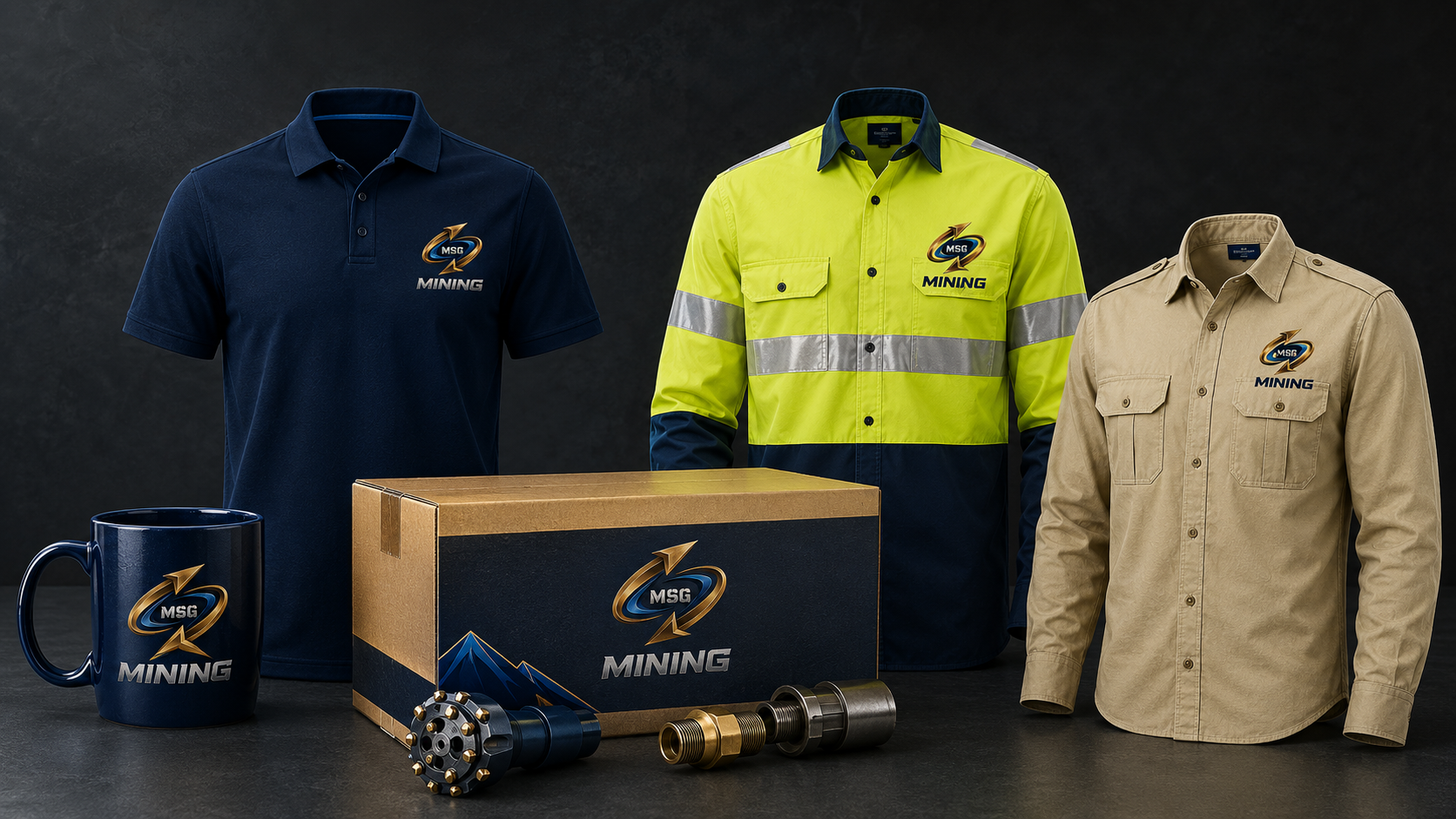 MSG branded t-shirts, orange hi-vis shirt, grey corporate shirt and branded gift box