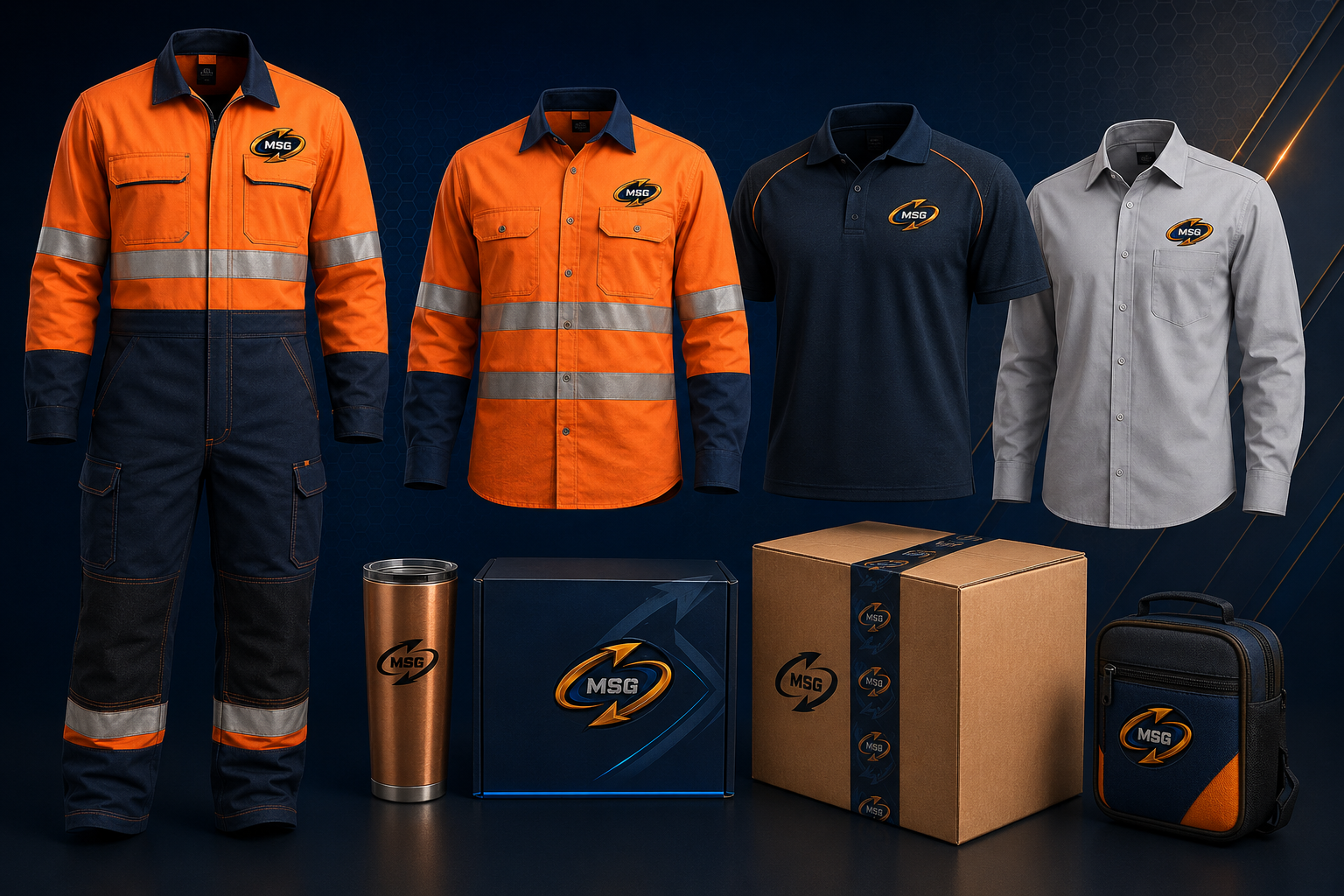 MSG branded polo, hi-vis shirt, khaki shirt, mug and branded box