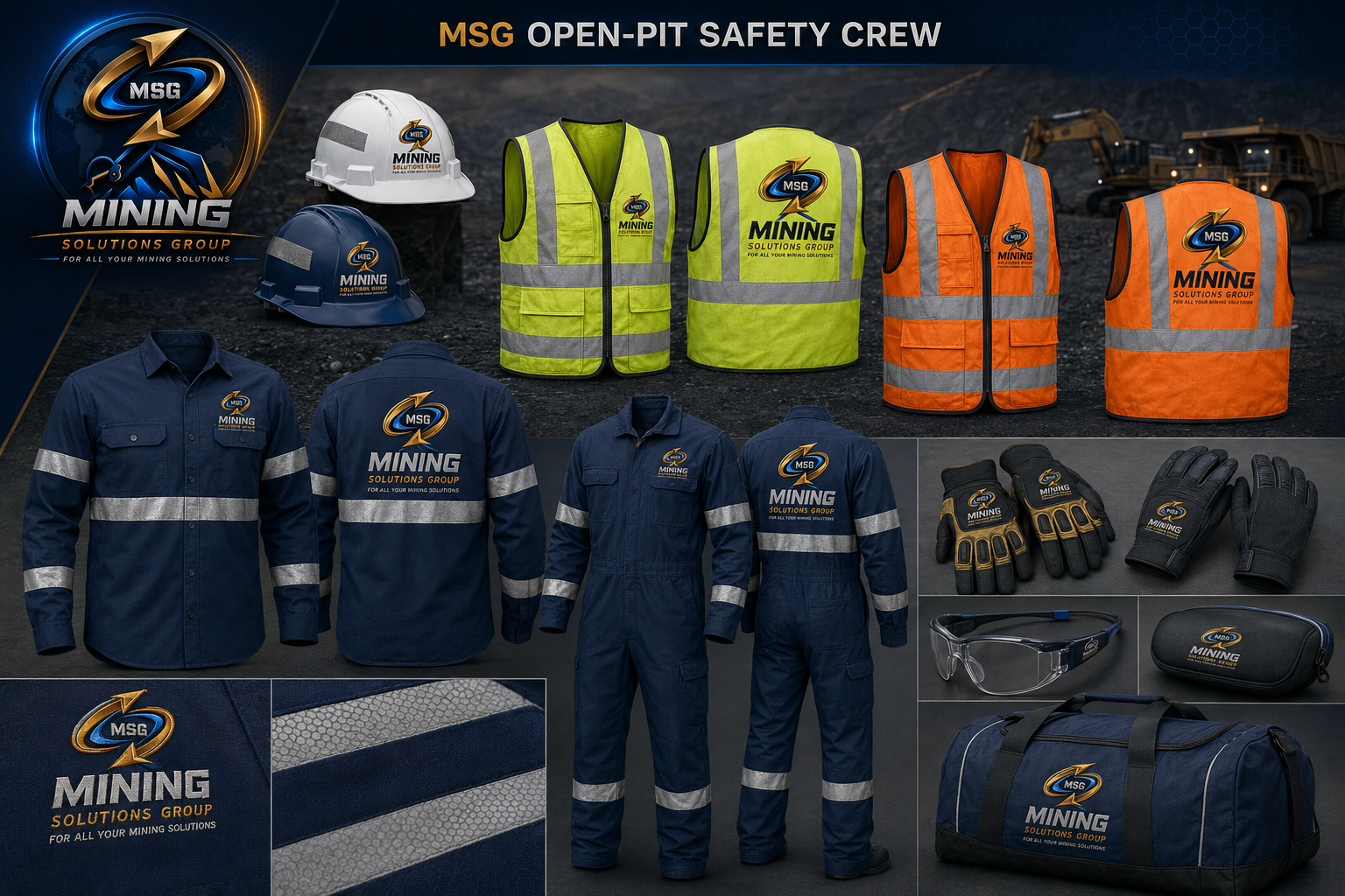 MSG Mine Site Essentials — hi-vis jacket, caps, backpack, cooler bag, water bottles, lanyard and accessories