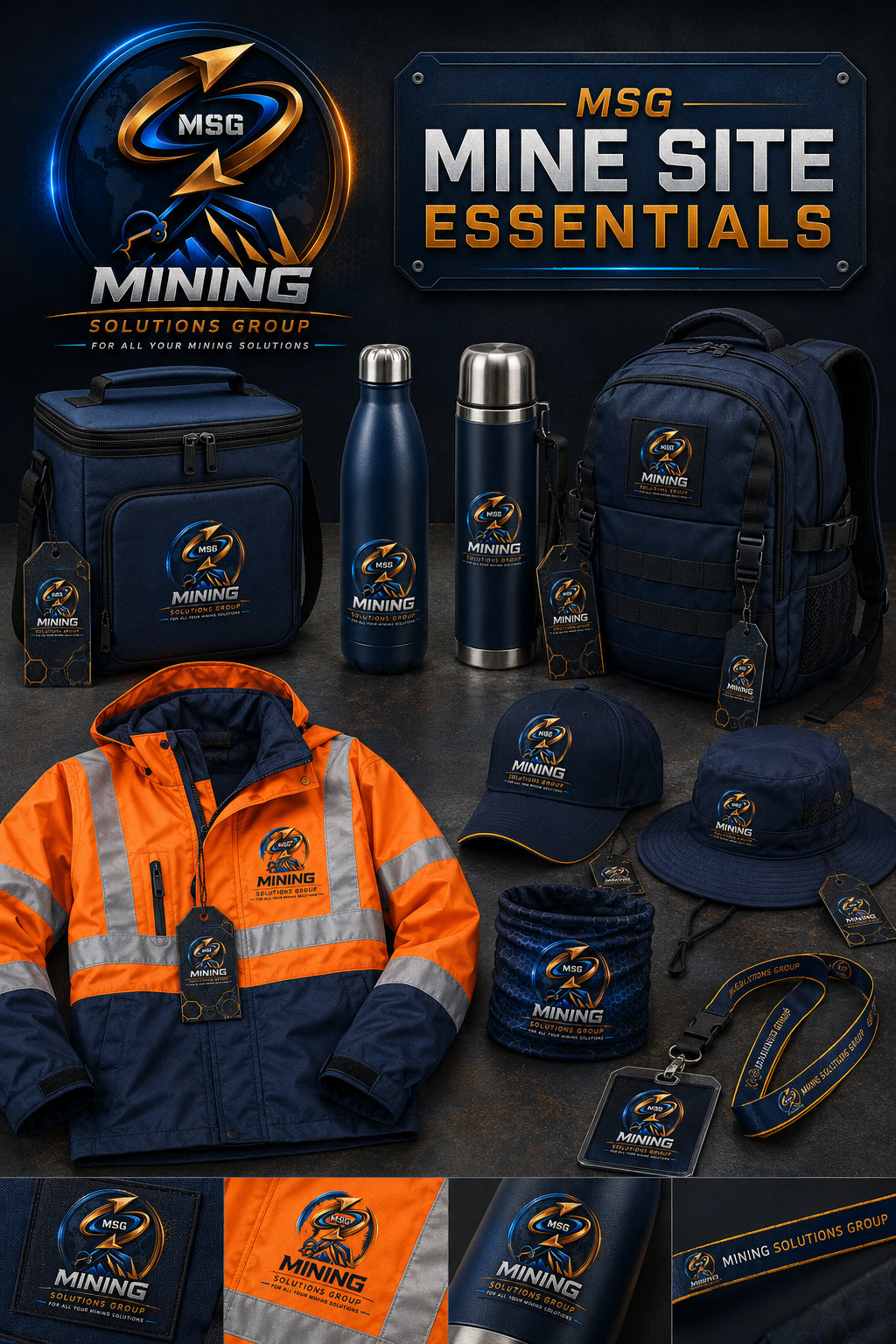 MSG branded orange hi-vis coverall, shirt, polo, corporate shirt, tumbler and packaging