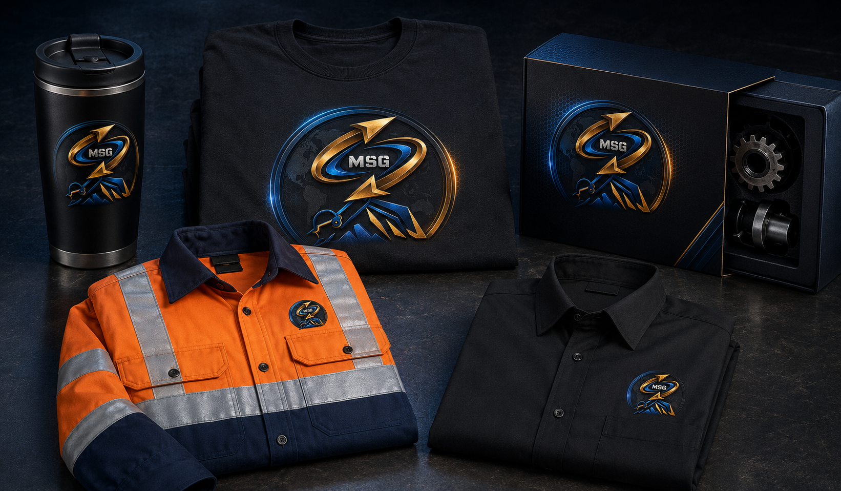 MSG branded sweatshirt, orange hi-vis shirt, black corporate shirt, tumbler and gift box