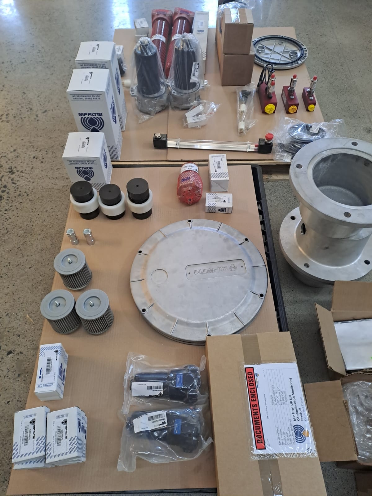 MP Filtri hydraulic spare parts — full kit layout for mining application