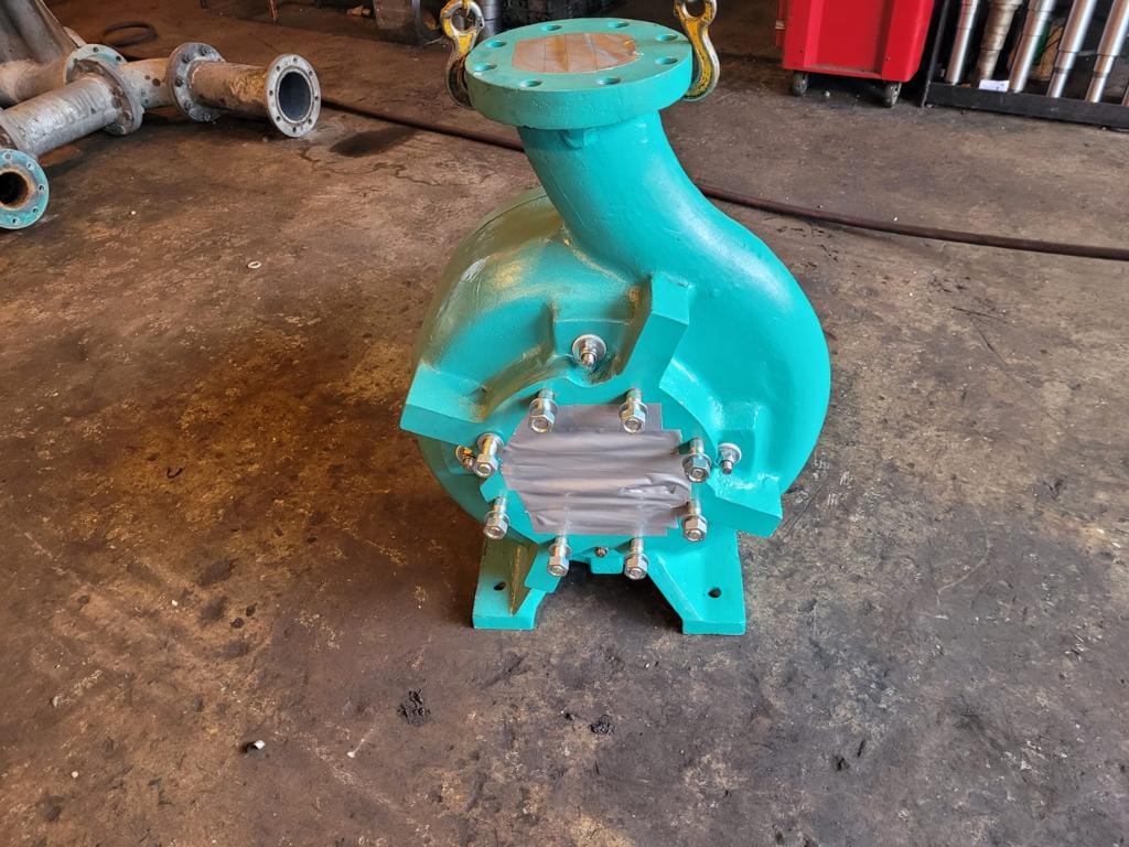 Mine dewatering pump — rear view showing connection ports